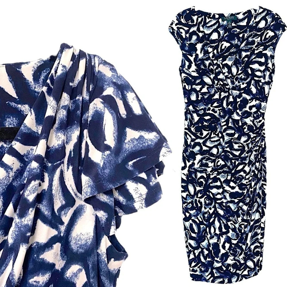 Lauren Ralph Lauren Nylon Ruched Dress Women's sz 4 Babydoll Navy Cocktail